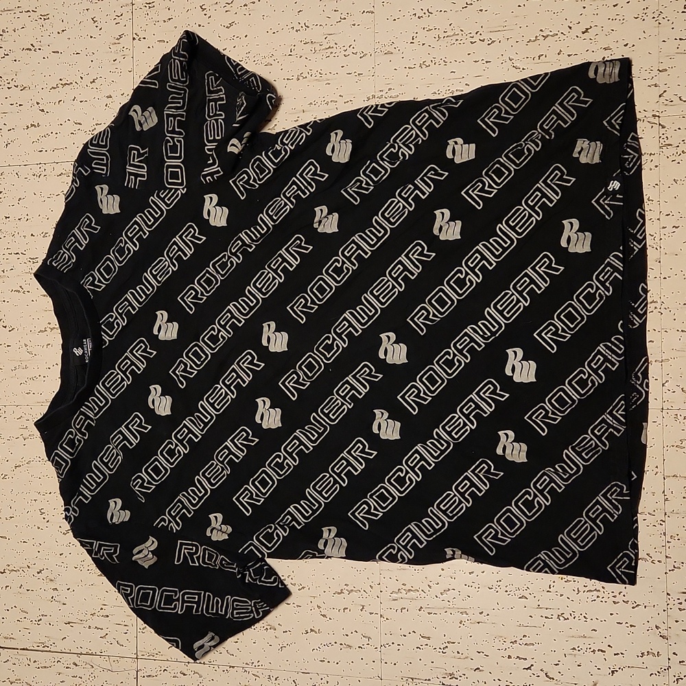 Rocawear Full Graphic AOP Crewneck T-Shirt Vintage Y2K Black And Grey